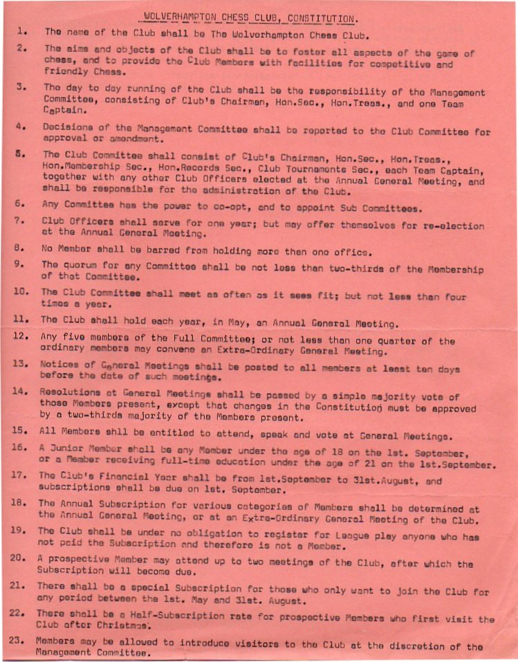 Wolverhampton Chess Club Constitution from 1978